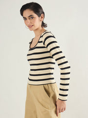 Women Black & Beige Striped Full Sleeve Top-SFTOPS42453