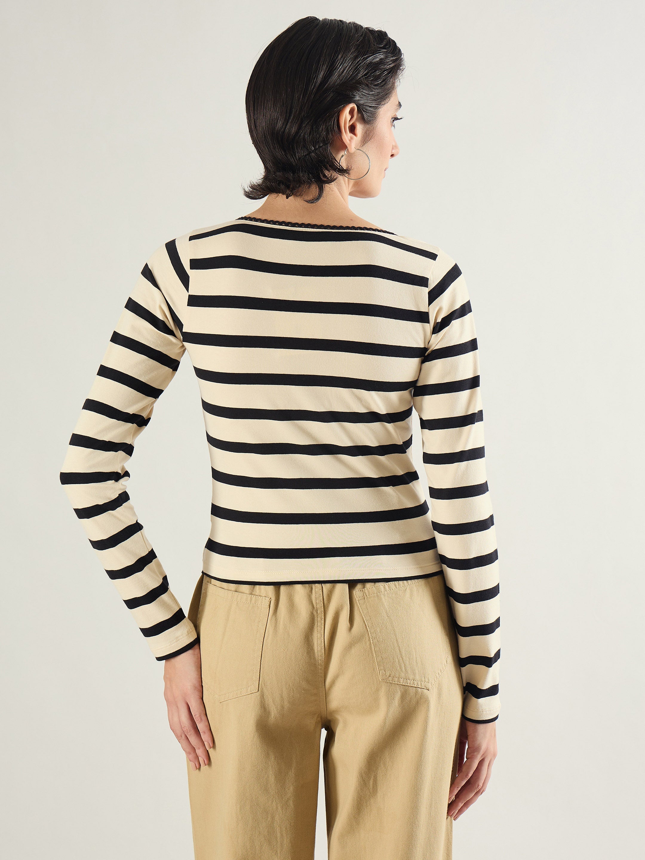 Women Black & Beige Striped Full Sleeve Top-SFTOPS42453