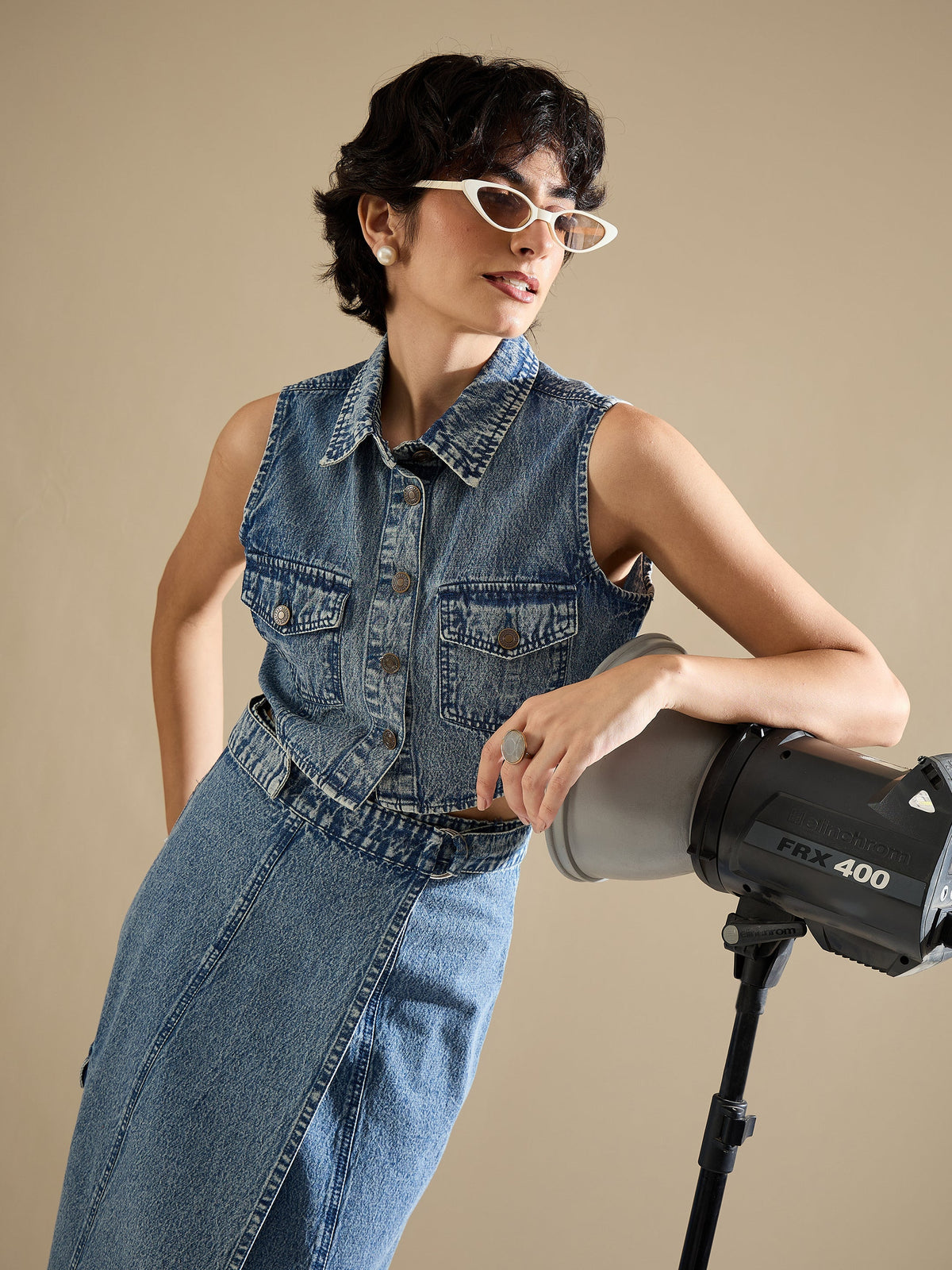 Women Blue Blast Denim Button Down Vest Top-SFTOPS42454