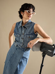 Women Blue Blast Denim Button Down Vest Top-SFTOPS42454