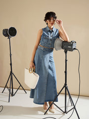 Women Blue Blast Denim Button Down Vest Top-SFTOPS42454