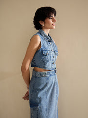 Women Blue Blast Denim Button Down Vest Top-SFTOPS42454