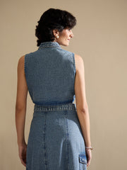 Women Blue Blast Denim Button Down Vest Top-SFTOPS42454