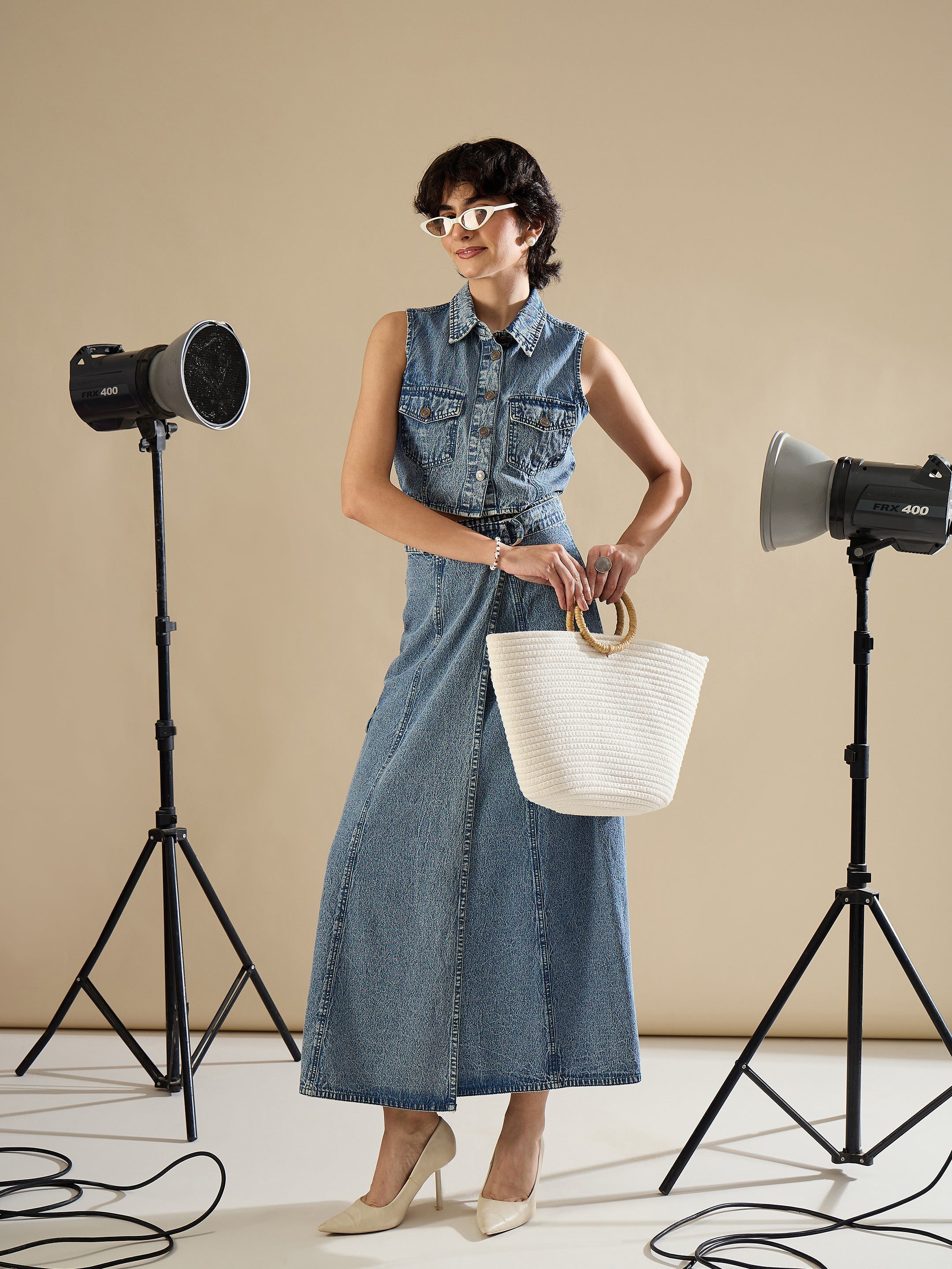 Women Blue Blast Denim Button Down Vest Top With Wrap Skirt-SFTOPS42454_SFSKRT30556