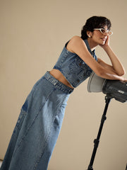 Women Blue Blast Denim Button Down Vest Top With Wrap Skirt-SFTOPS42454_SFSKRT30556