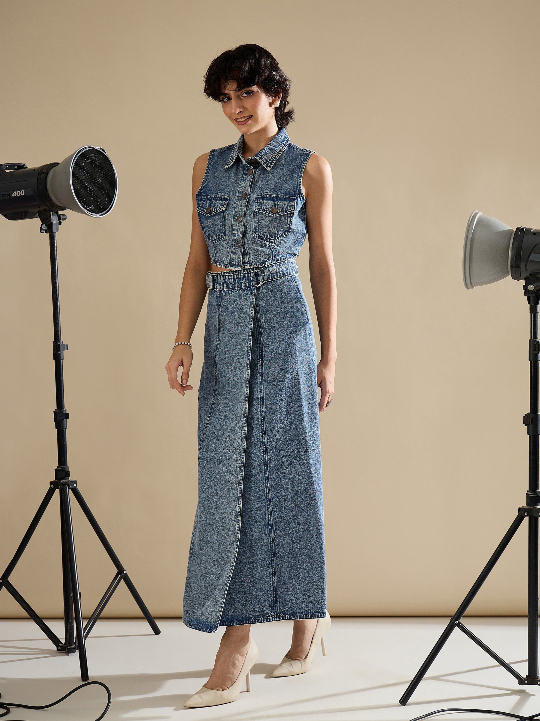 Women Blue Blast Denim Button Down Vest Top With Wrap Skirt-SFTOPS42454_SFSKRT30556