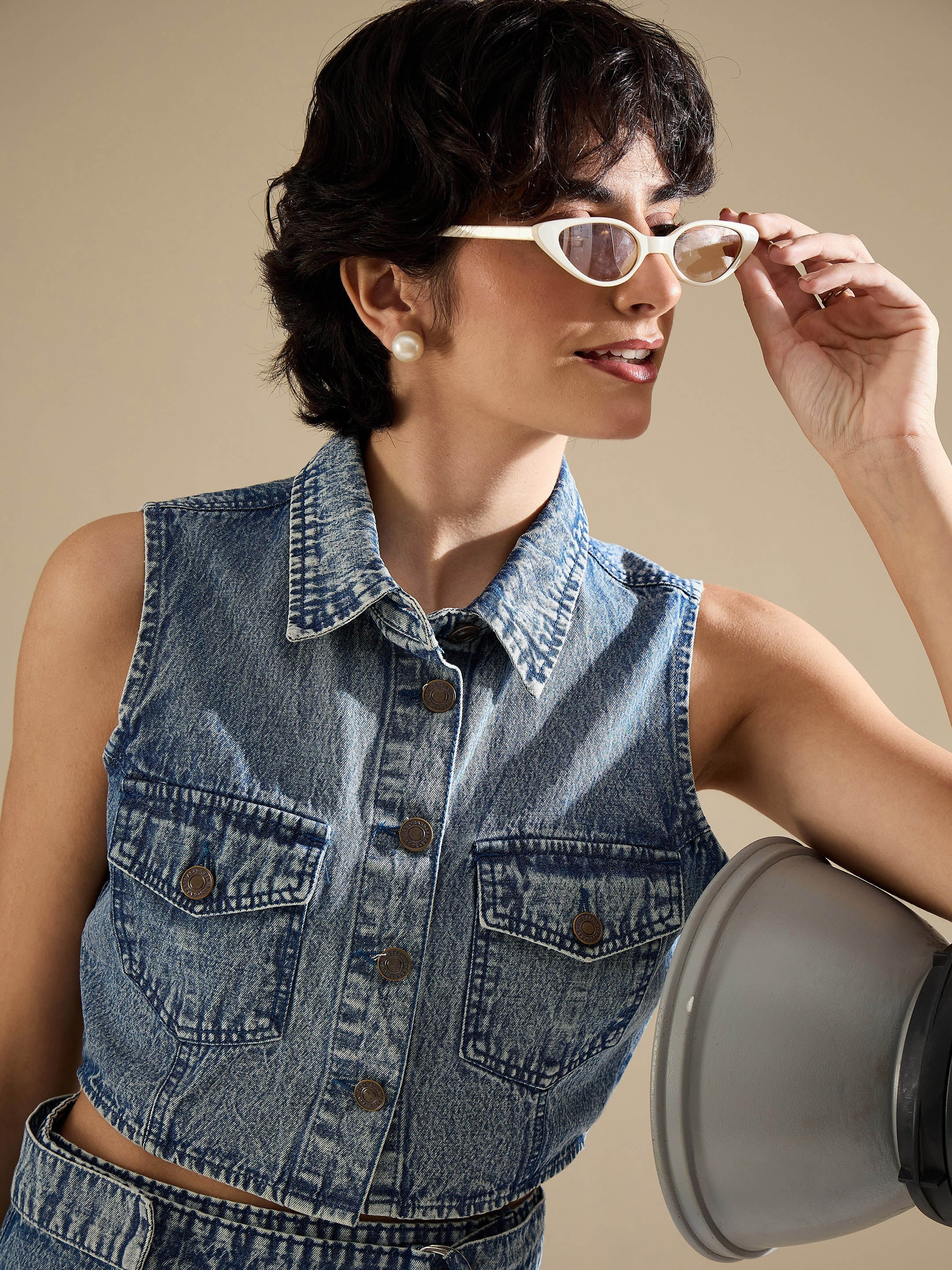 Women Blue Blast Denim Button Down Vest Top With Wrap Skirt-SFTOPS42454_SFSKRT30556