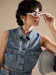 Women Blue Blast Denim Button Down Vest Top With Wrap Skirt-SFTOPS42454_SFSKRT30556