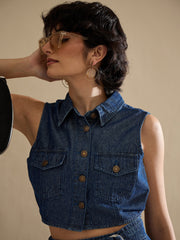 Women Navy Washed Denim Button Down Vest Top-SFTOPS42455