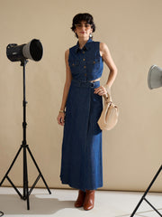 Women Navy Washed Denim Button Down Vest Top-SFTOPS42455