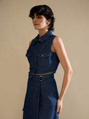 Women Navy Washed Denim Button Down Vest Top-SFTOPS42455