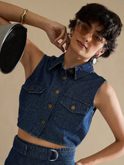Women Navy Washed Denim Button Down Vest Top-SFTOPS42455