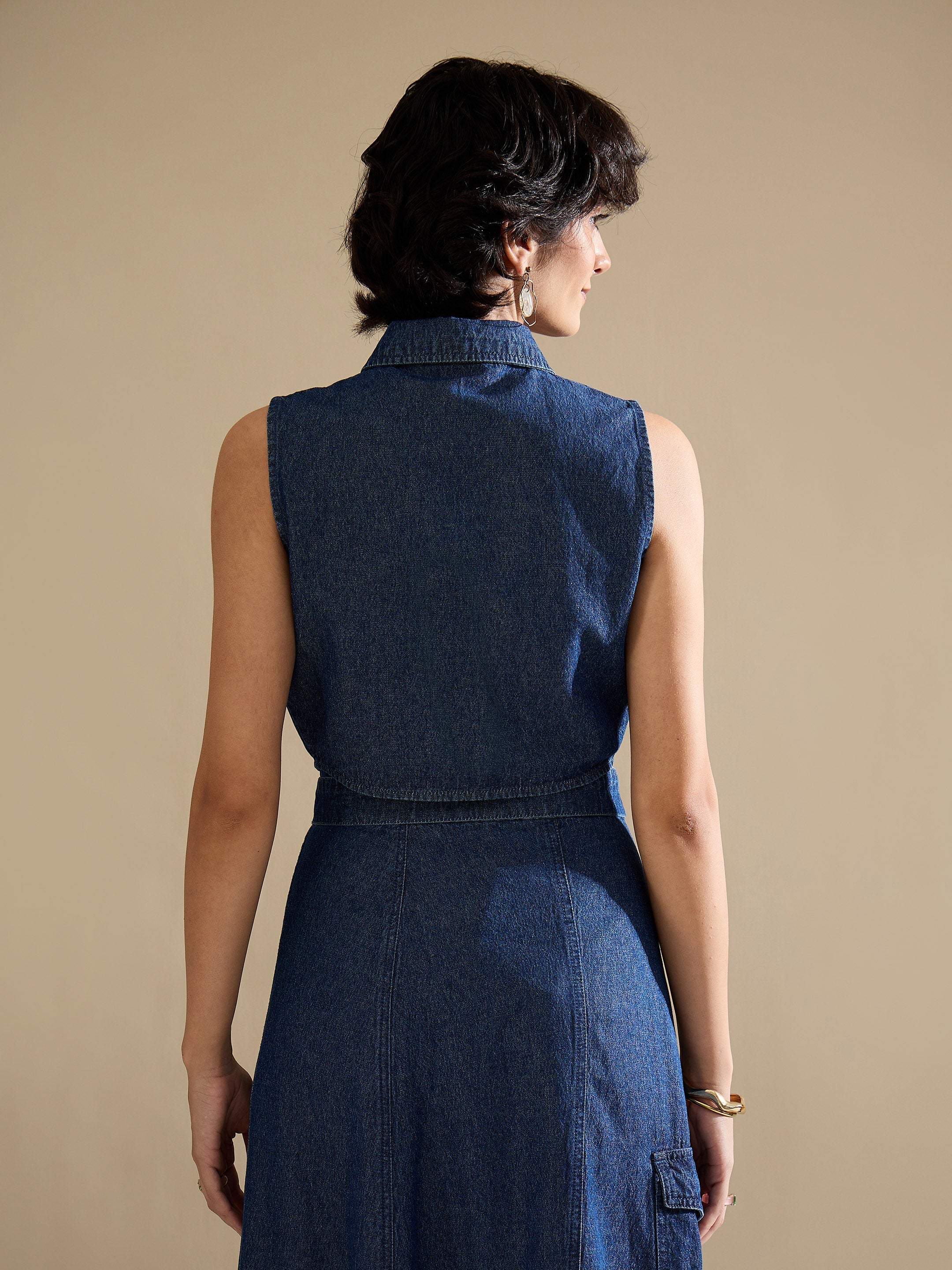 Women Navy Washed Denim Button Down Vest Top-SFTOPS42455