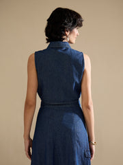 Women Navy Washed Denim Button Down Vest Top-SFTOPS42455