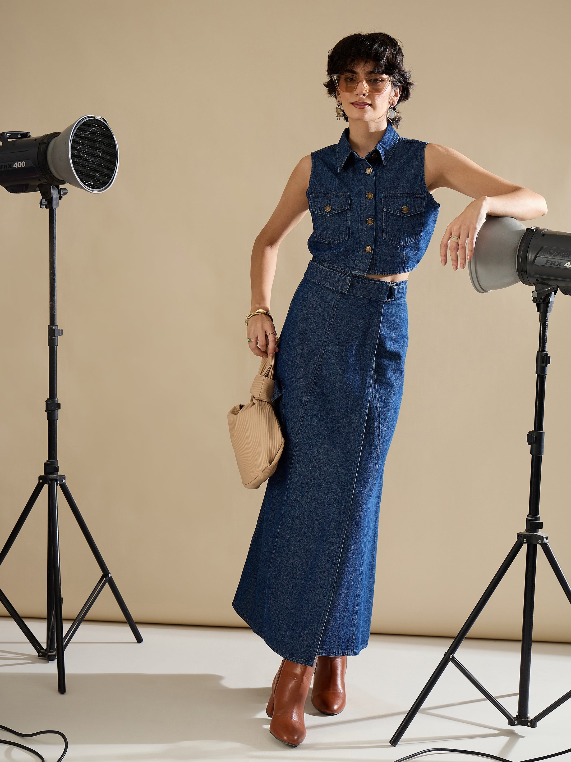 Women Navy Washed Denim Button Down Vest Top With Wrap Skirt-SFTOPS42455_SFSKRT30557