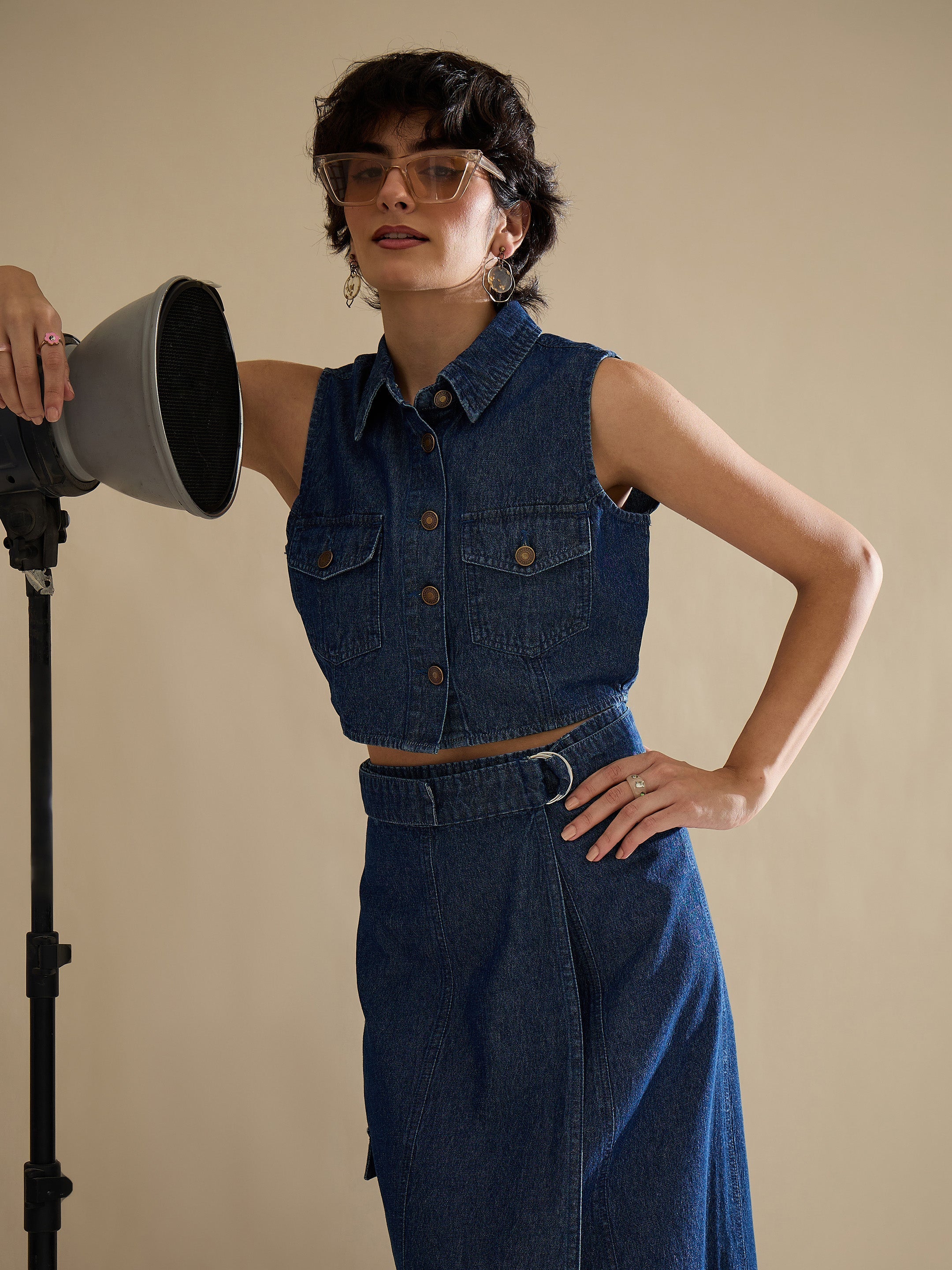 Women Navy Washed Denim Button Down Vest Top With Wrap Skirt-SFTOPS42455_SFSKRT30557