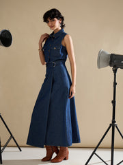 Women Navy Washed Denim Button Down Vest Top With Wrap Skirt-SFTOPS42455_SFSKRT30557