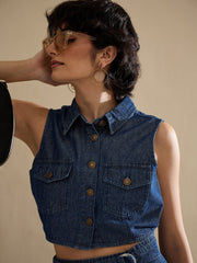 Women Navy Washed Denim Button Down Vest Top With Wrap Skirt-SFTOPS42455_SFSKRT30557