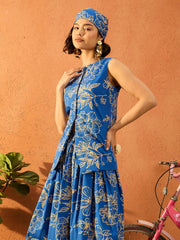 Women Blue Poplin Floral Sleeveless Vest Top-SFTOPS42458
