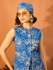 Women Blue Poplin Floral Sleeveless Vest Top-SFTOPS42458