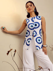 Women White Poplin Evil Eye Print Sleeveless Vest Top-SFTOPS42459