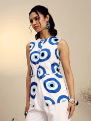 Women White Poplin Evil Eye Print Sleeveless Vest Top-SFTOPS42459