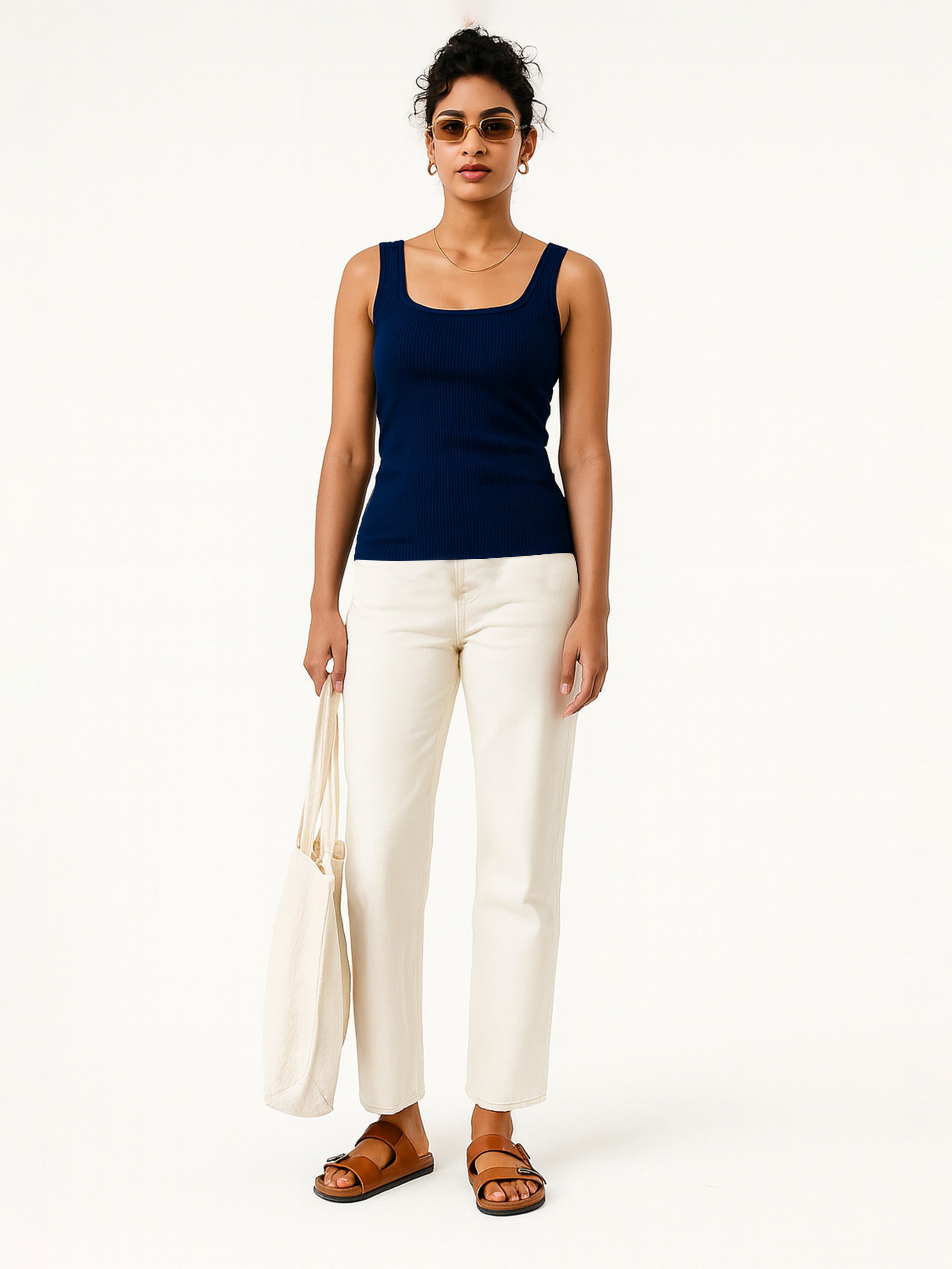 Women Navy Rib Sleeveless Top-SFTOPS42461