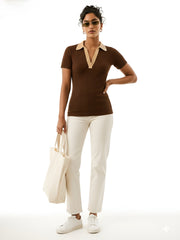 Women Brown With Beige Rib Contrast Polo Neck Top-SFTOPS42463