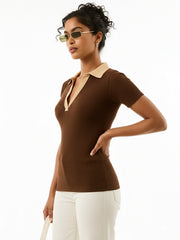 Women Brown With Beige Rib Contrast Polo Neck Top-SFTOPS42463
