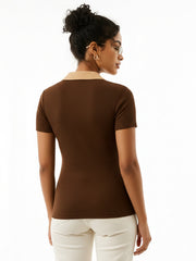 Women Brown With Beige Rib Contrast Polo Neck Top-SFTOPS42463