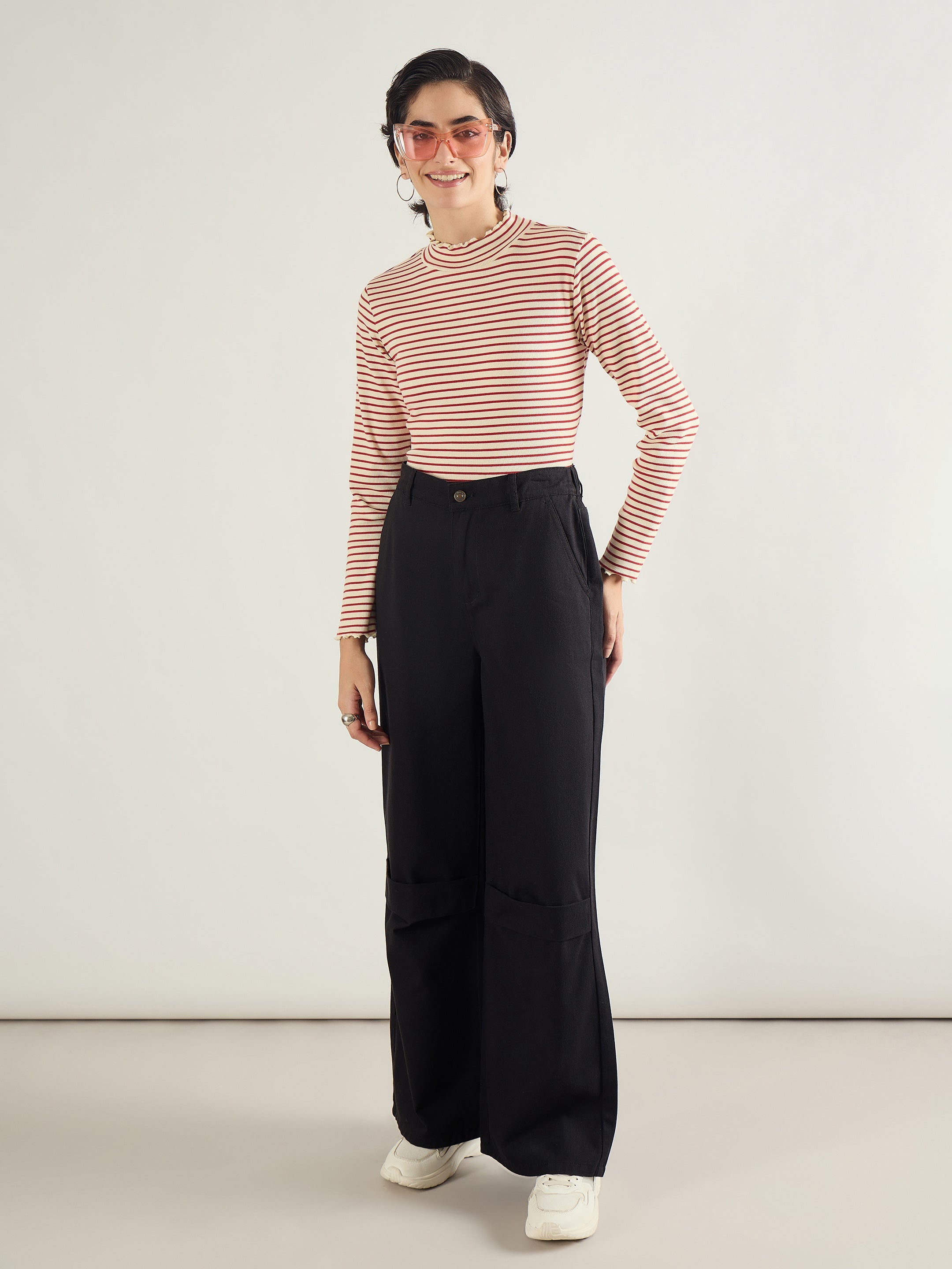 Women Red & Beige Striped Rib High Neck Full Sleeve Top-SFTOPS42464