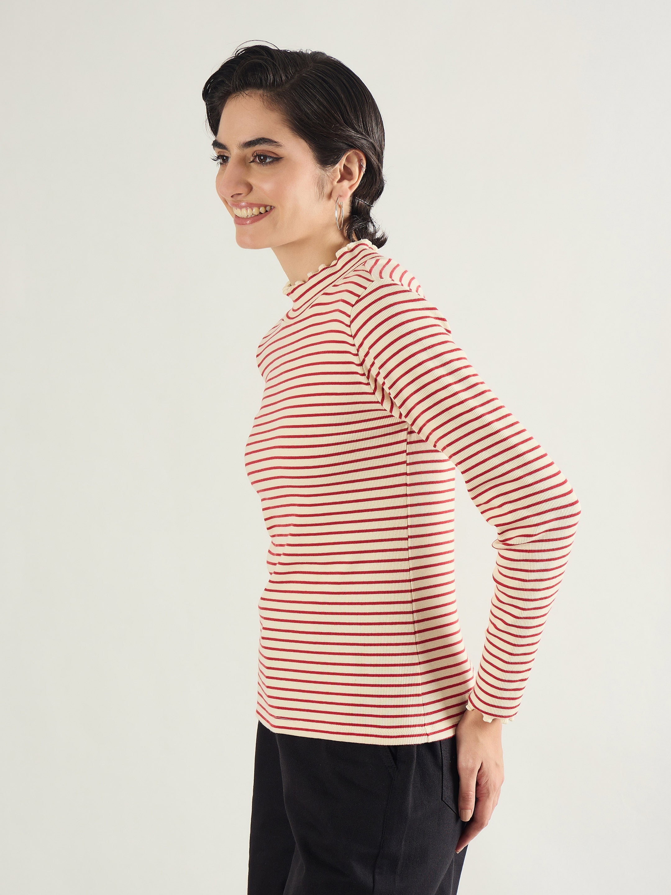 Women Red & Beige Striped Rib High Neck Full Sleeve Top-SFTOPS42464
