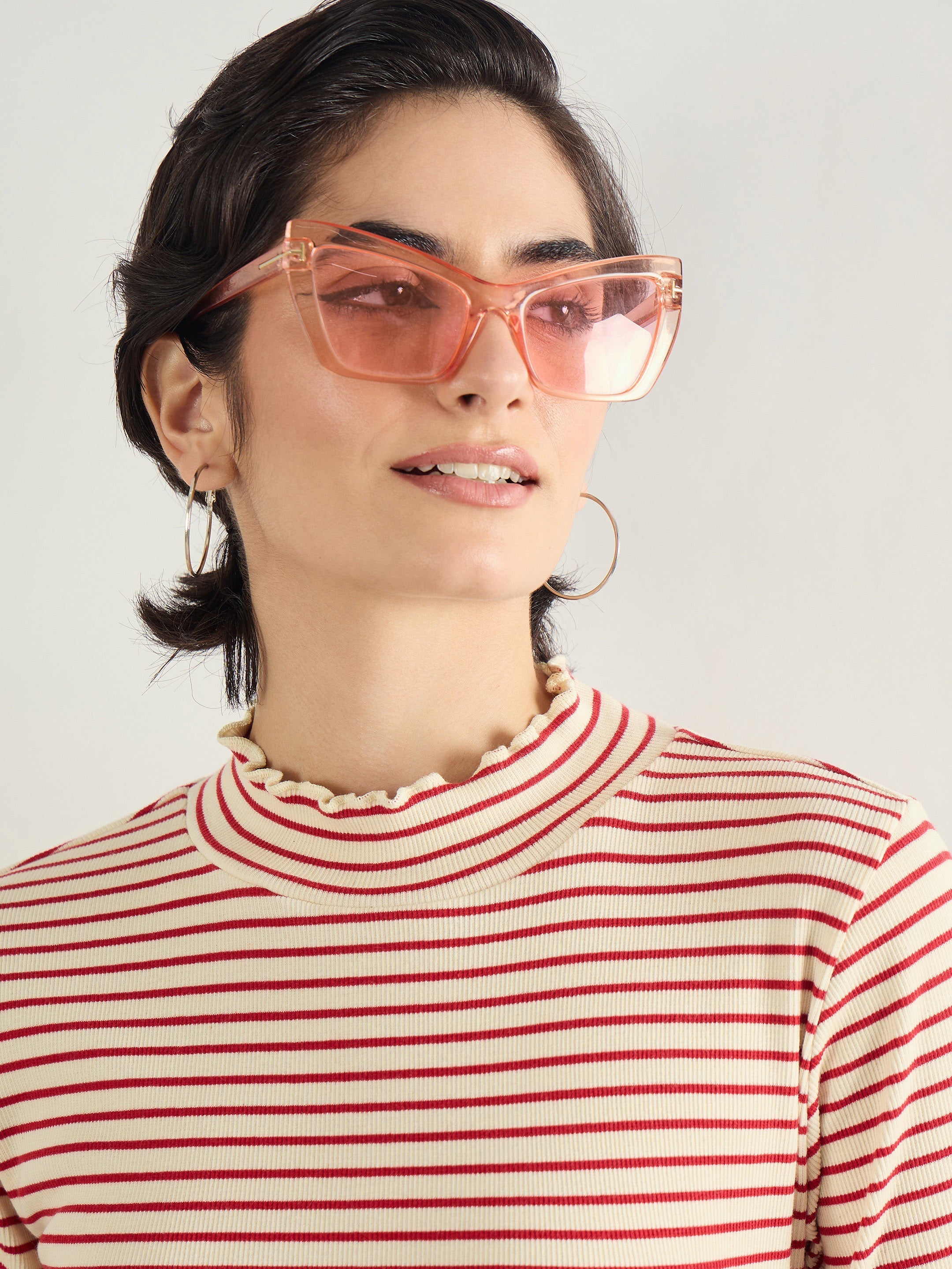 Women Red & Beige Striped Rib High Neck Full Sleeve Top-SFTOPS42464