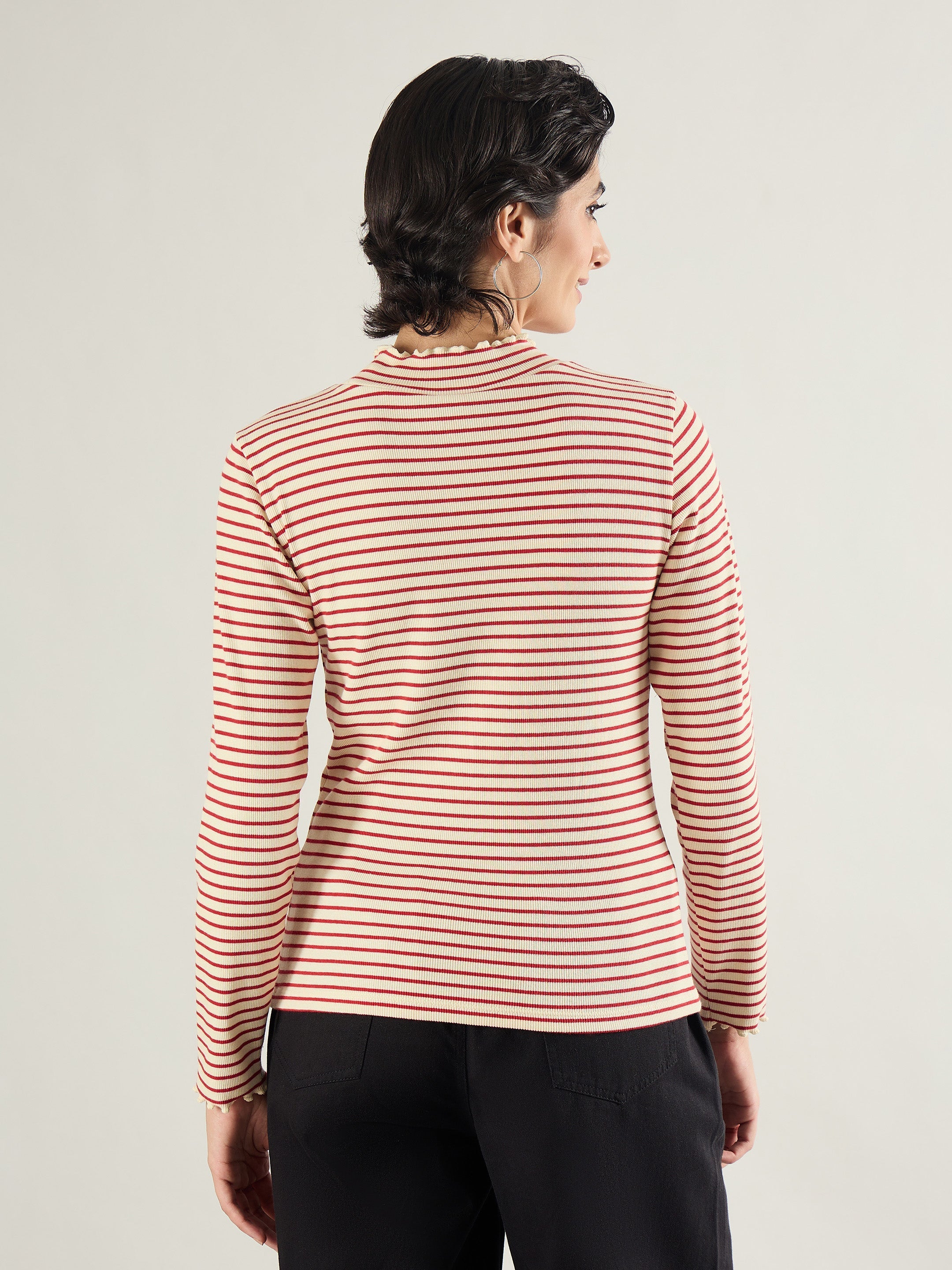 Women Red & Beige Striped Rib High Neck Full Sleeve Top-SFTOPS42464