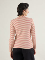Women Red & Beige Striped Rib High Neck Full Sleeve Top-SFTOPS42464