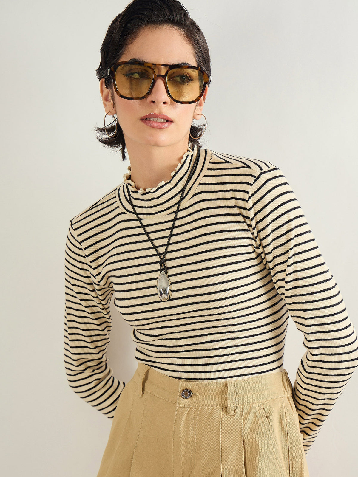 Women Black & Off-White Striped Rib High Neck Full Sleeve Top-SFTOPS42465