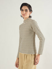 Women Black & Off-White Striped Rib High Neck Full Sleeve Top-SFTOPS42465