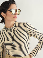 Women Black & Off-White Striped Rib High Neck Full Sleeve Top-SFTOPS42465