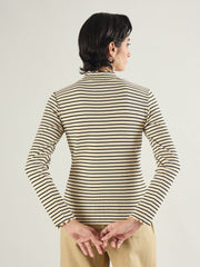 Women Black & Off-White Striped Rib High Neck Full Sleeve Top-SFTOPS42465