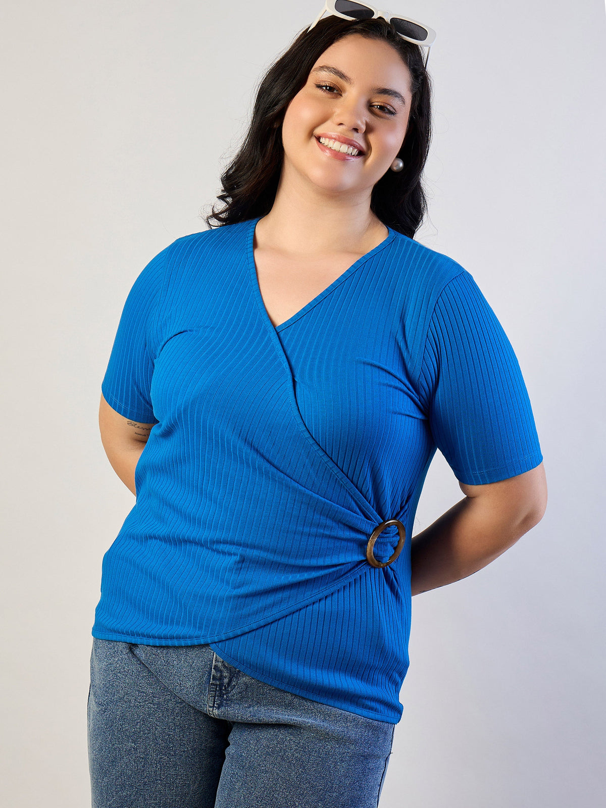 Women Royal Blue Rib Side Buckle Detail Top-SFTOPS42466