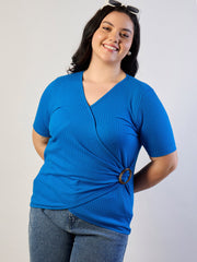 Women Royal Blue Rib Side Buckle Detail Top-SFTOPS42466