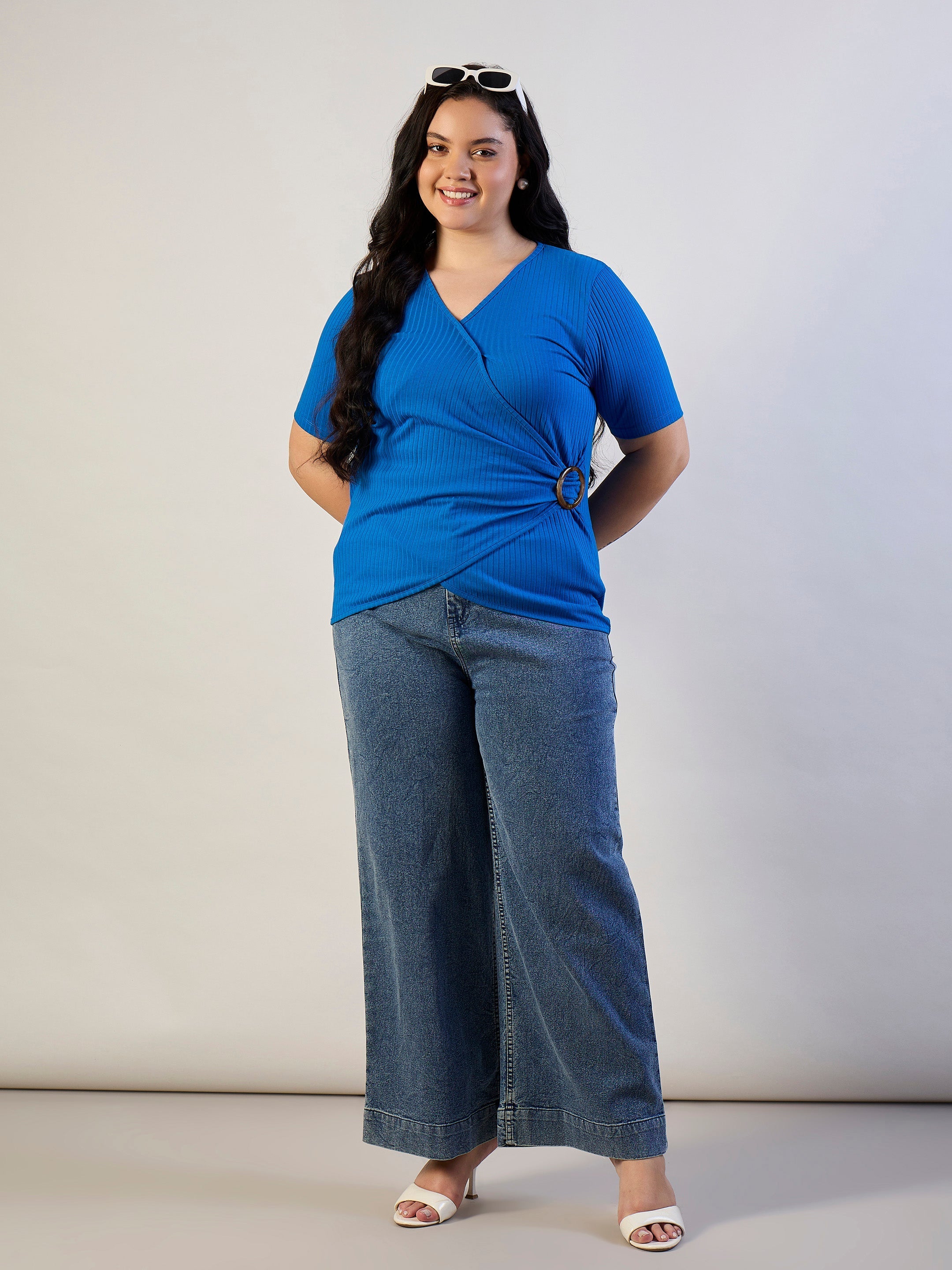 Women Royal Blue Rib Side Buckle Detail Top-SFTOPS42466