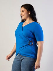 Women Royal Blue Rib Side Buckle Detail Top-SFTOPS42466