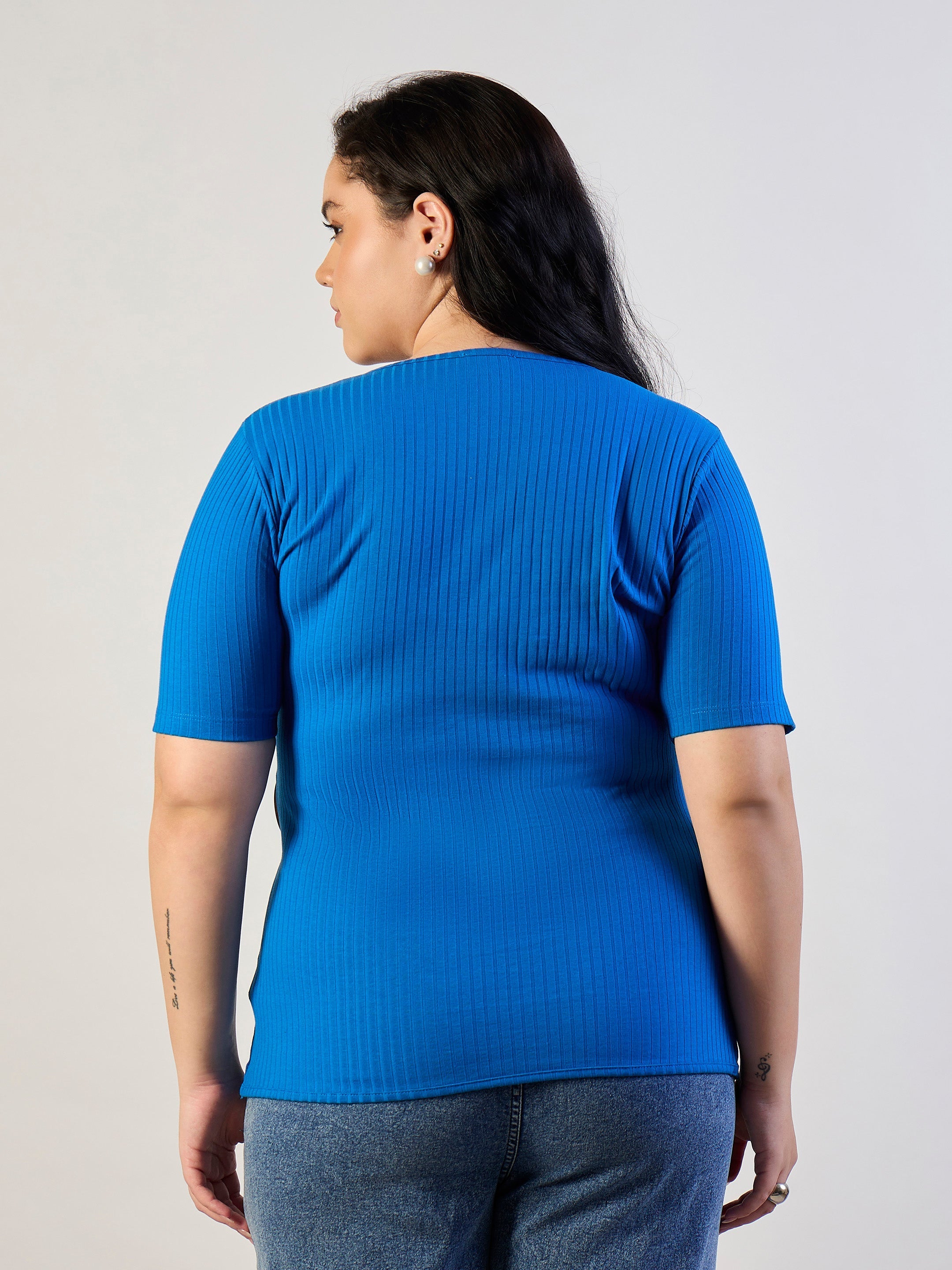 Women Royal Blue Rib Side Buckle Detail Top-SFTOPS42466