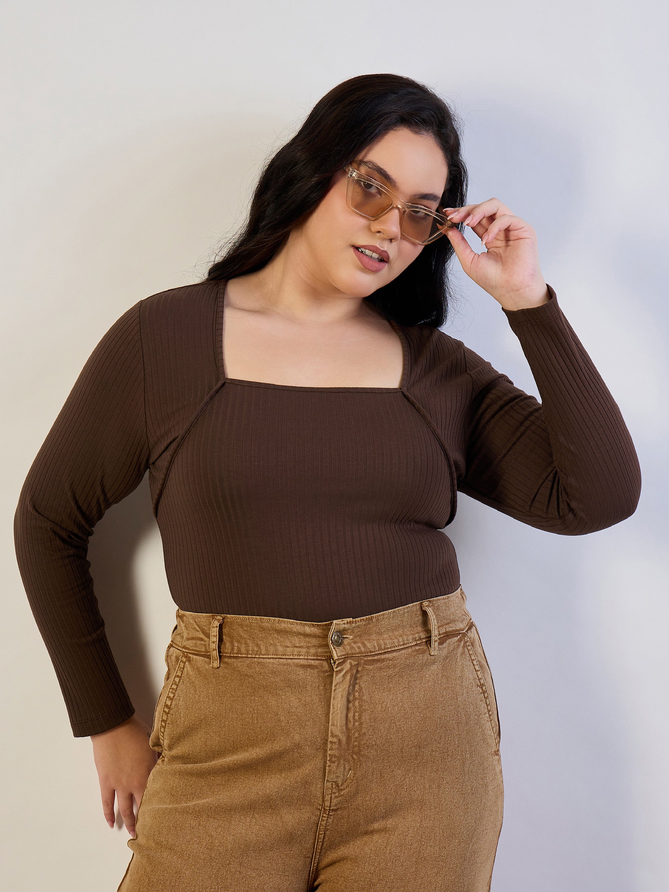 Women Brown Empire Neck Rib Top-SFTOPS42468