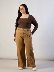 Women Brown Empire Neck Rib Top-SFTOPS42468