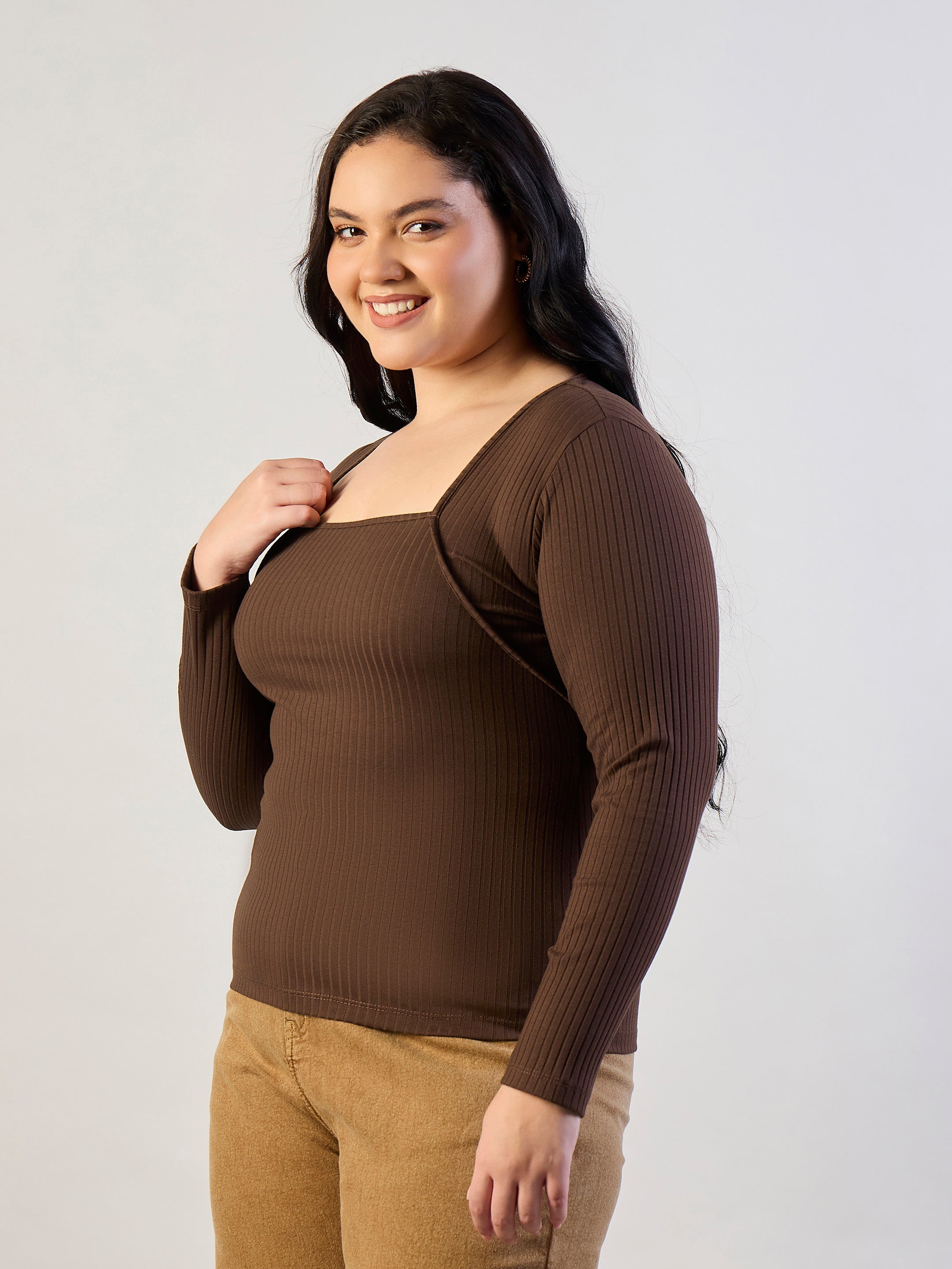 Women Brown Empire Neck Rib Top-SFTOPS42468