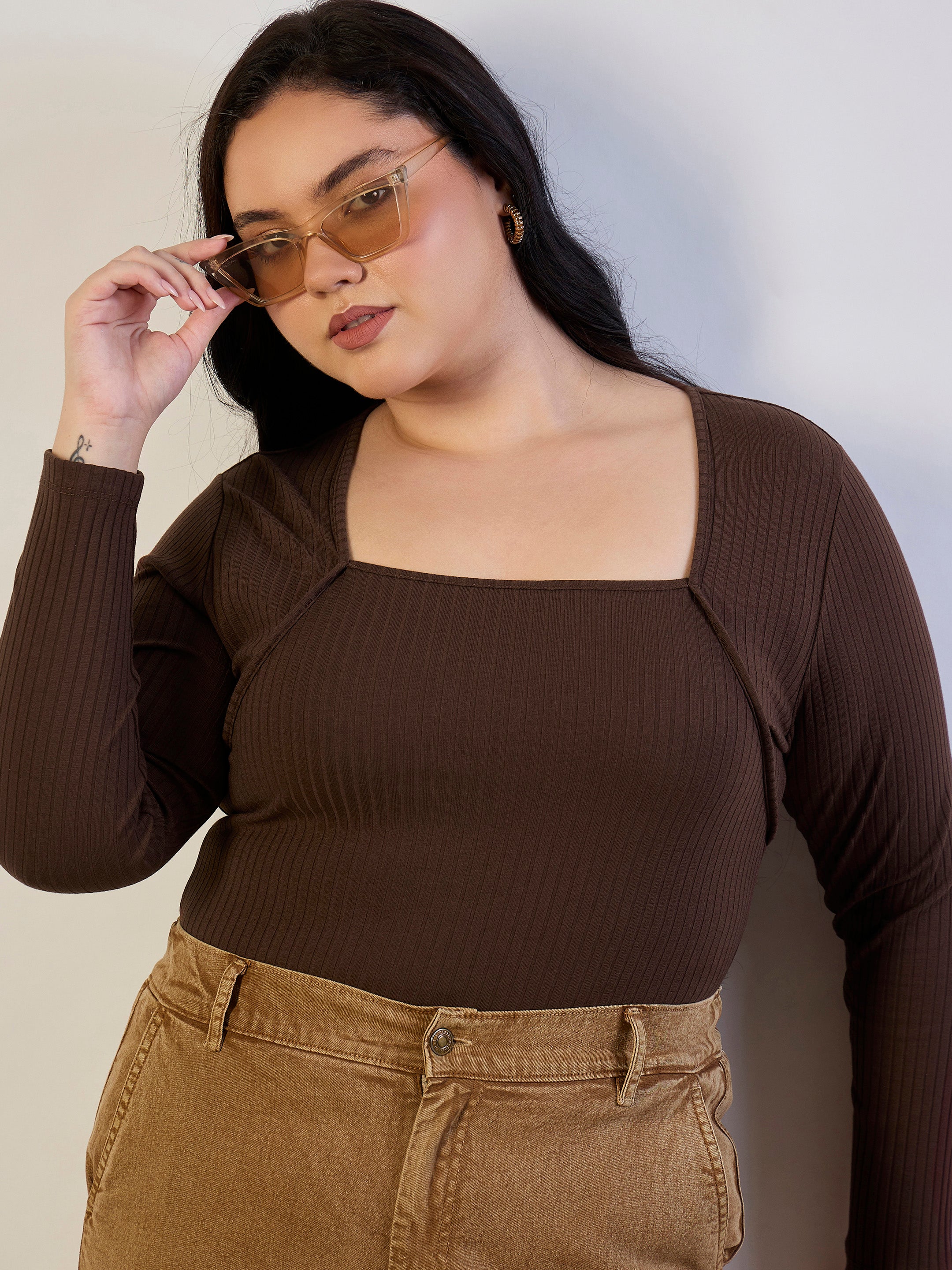 Women Brown Empire Neck Rib Top-SFTOPS42468