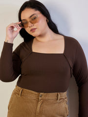 Women Brown Empire Neck Rib Top-SFTOPS42468