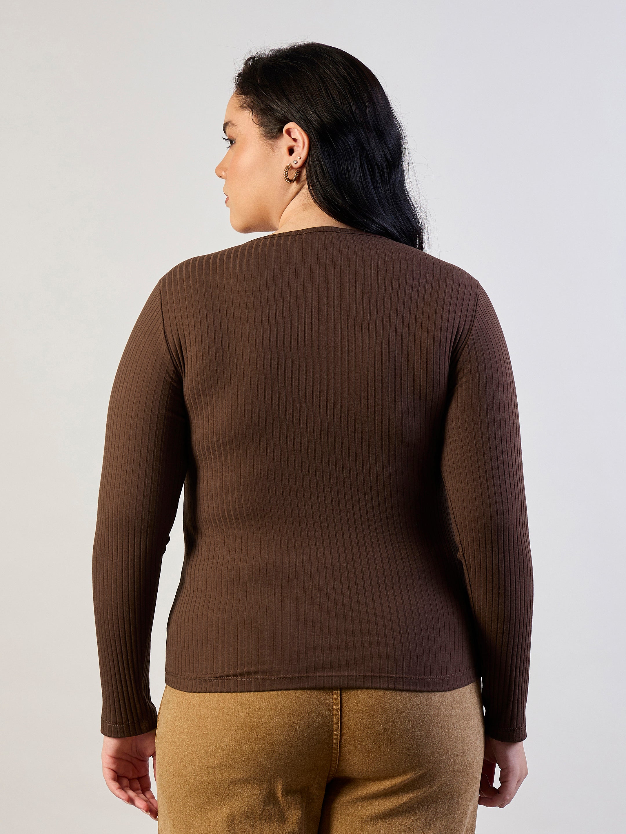 Women Brown Empire Neck Rib Top-SFTOPS42468